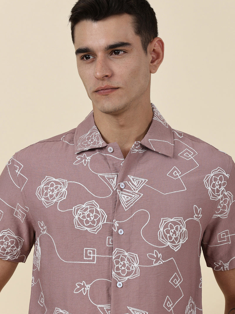 Thomas Scott Men Pink Regular Fit Short Sleeves Spread Collar Embroidered Shirt