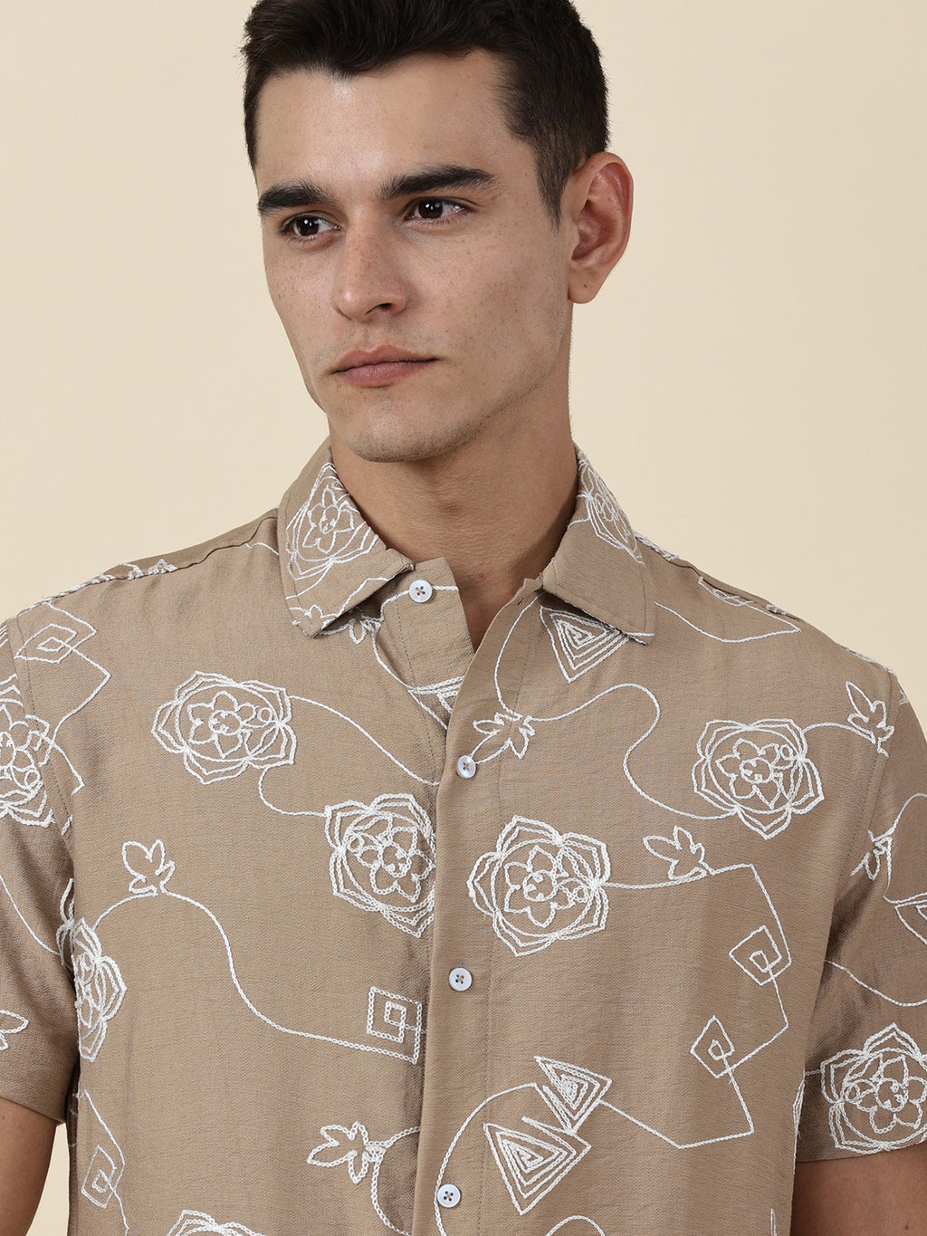 Thomas Scott Men Beige Regular Fit Short Sleeves Spread Collar Embroidered Shirt