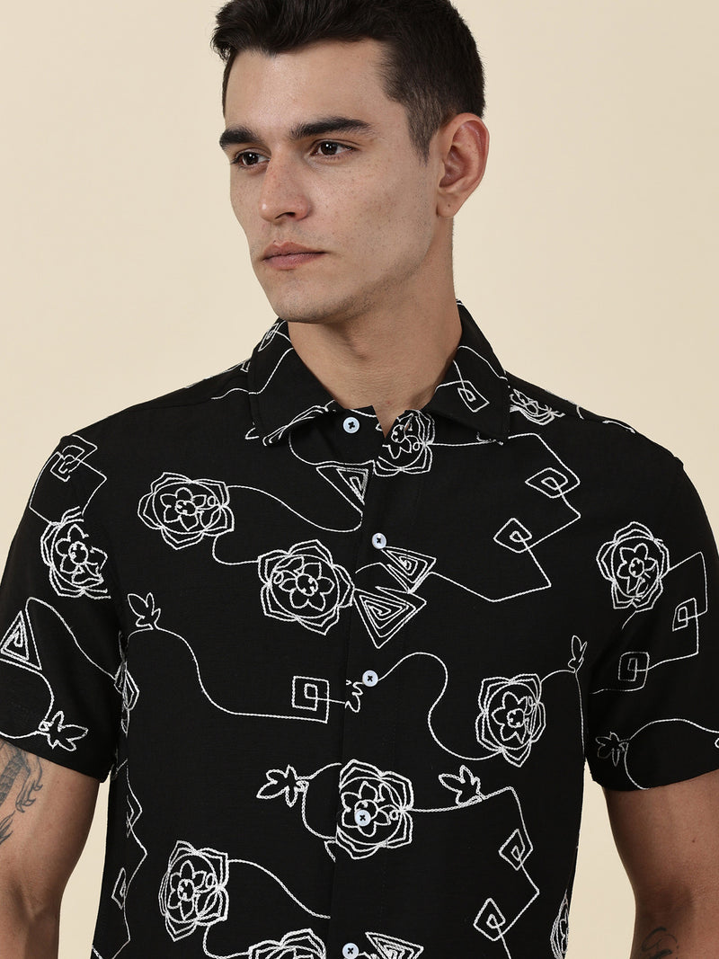 Thomas Scott Men Black Regular Fit Short Sleeves Spread Collar Embroidered Shirt