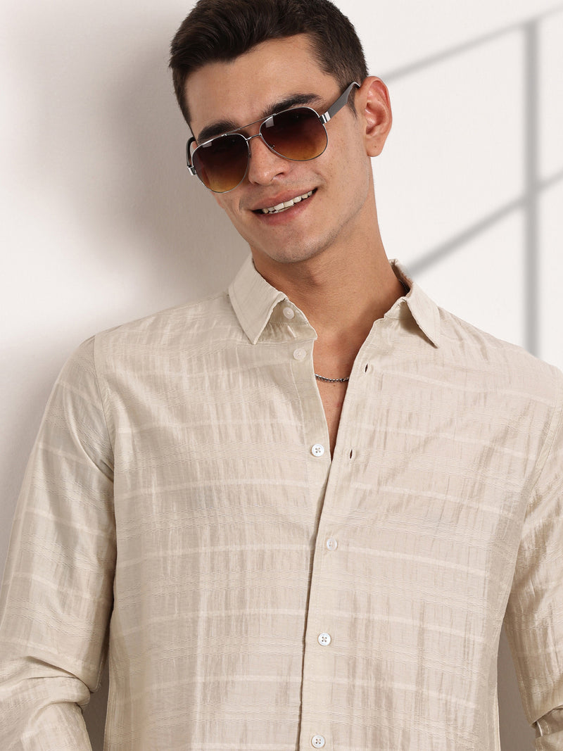 Thomas Scott Men Cream Slim Fit Long Sleeves Horizontal Stripes Casual Shirt
