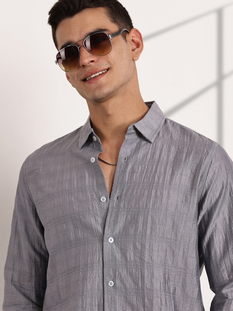 Thomas Scott Men Grey Slim Fit Long Sleeves Horizontal Stripes Casual Shirt