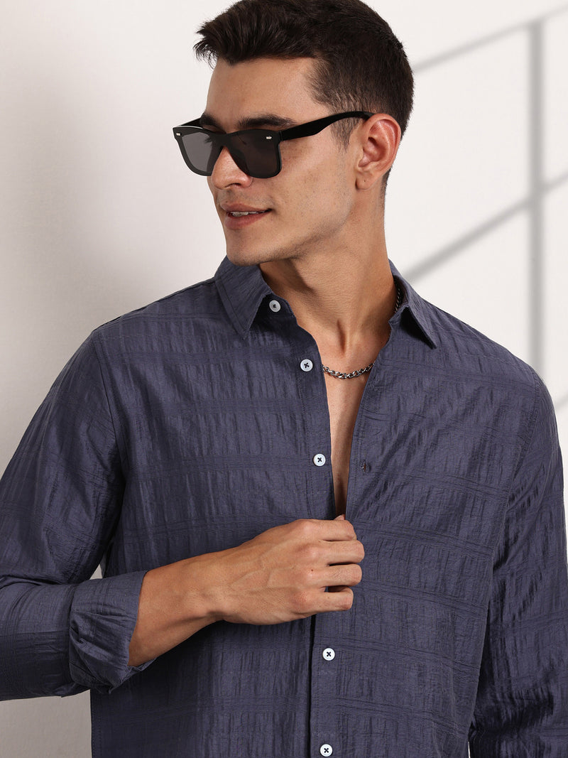 Thomas Scott Men Blue Slim Fit Long Sleeves Horizontal Stripes Casual Shirt