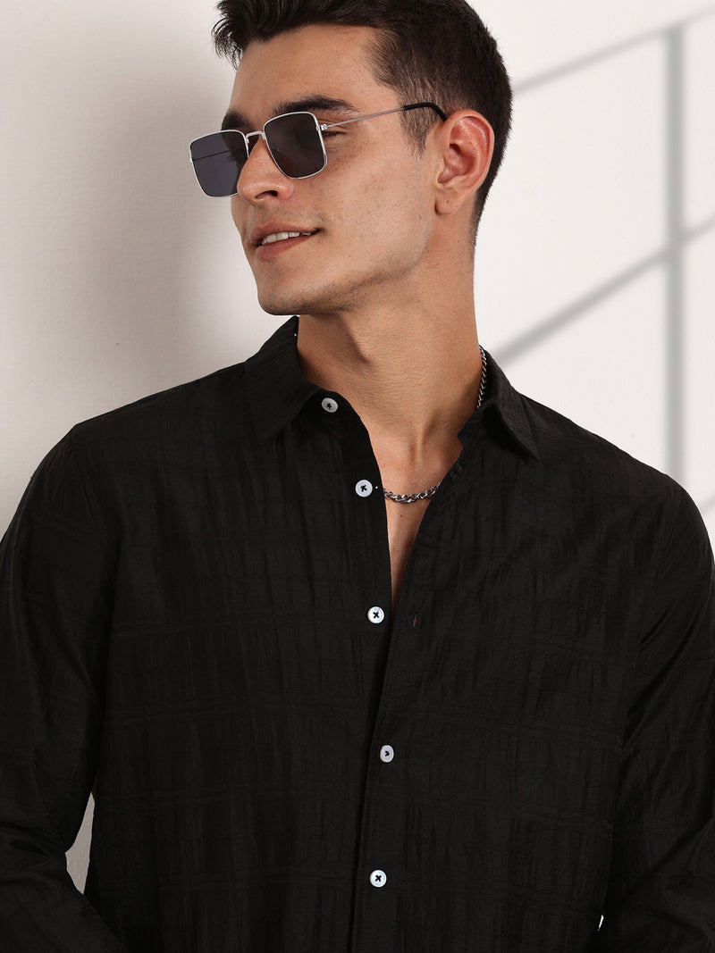 Thomas Scott Men Black Slim Fit Long Sleeves Horizontal Stripes Casual Shirt