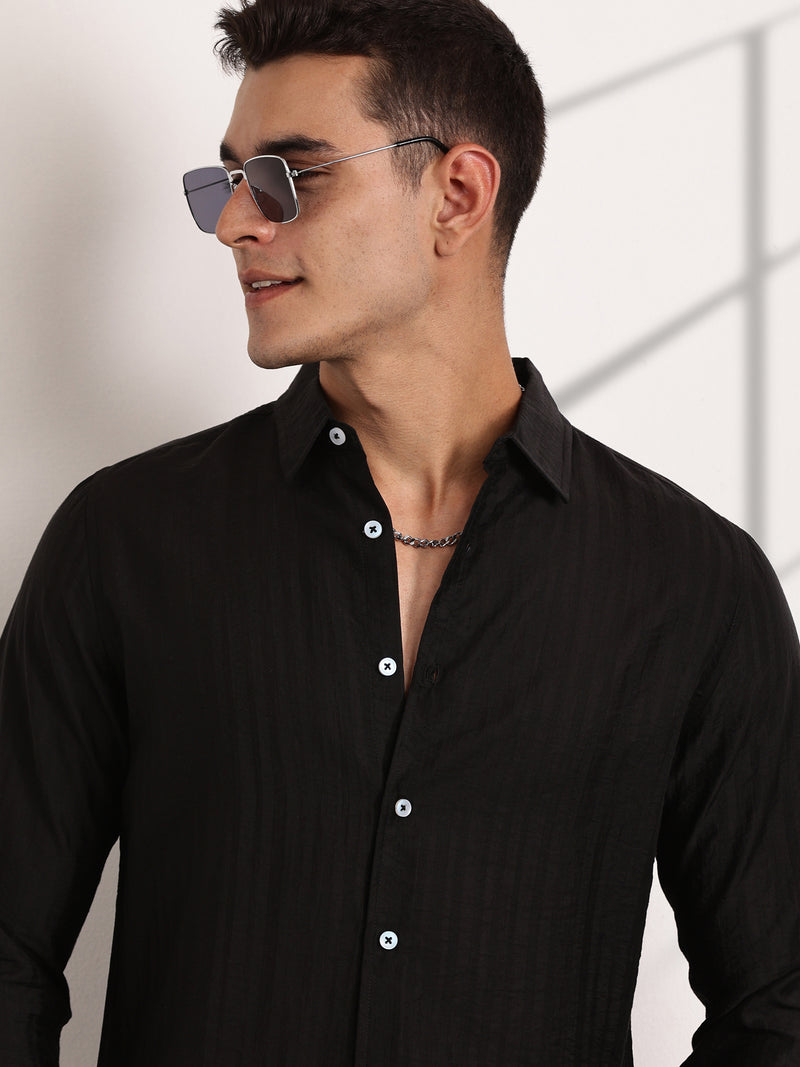 Thomas Scott Men Black Slim Fit Long Sleeves Vertical Stripes Casual Shirt
