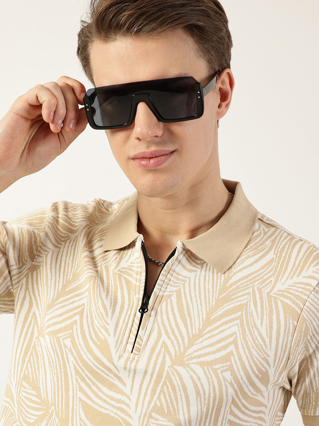 Thomas Scott Men Beige Floral Printed Polo Collar Pockets T-shirt