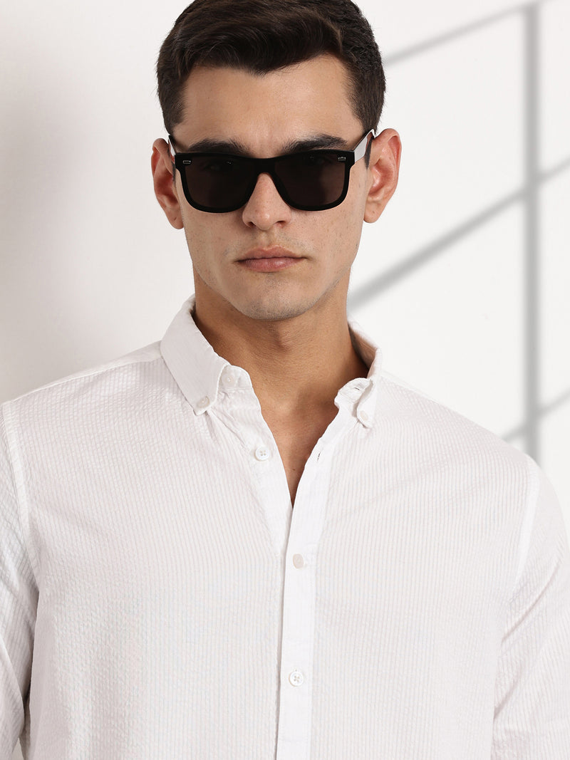 Thomas Scott Men White Reguar Fit Long Sleeves Pinstripes Cotton Casual Shirt
