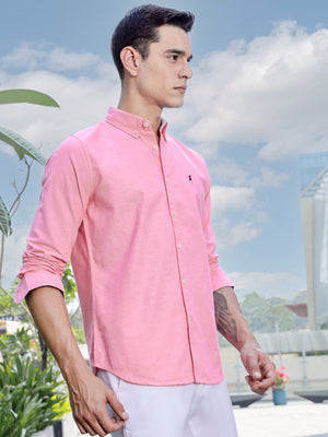 Pink Slim Fit Long Sleeves Button-Down Collar Solid Casual Shirt For Men