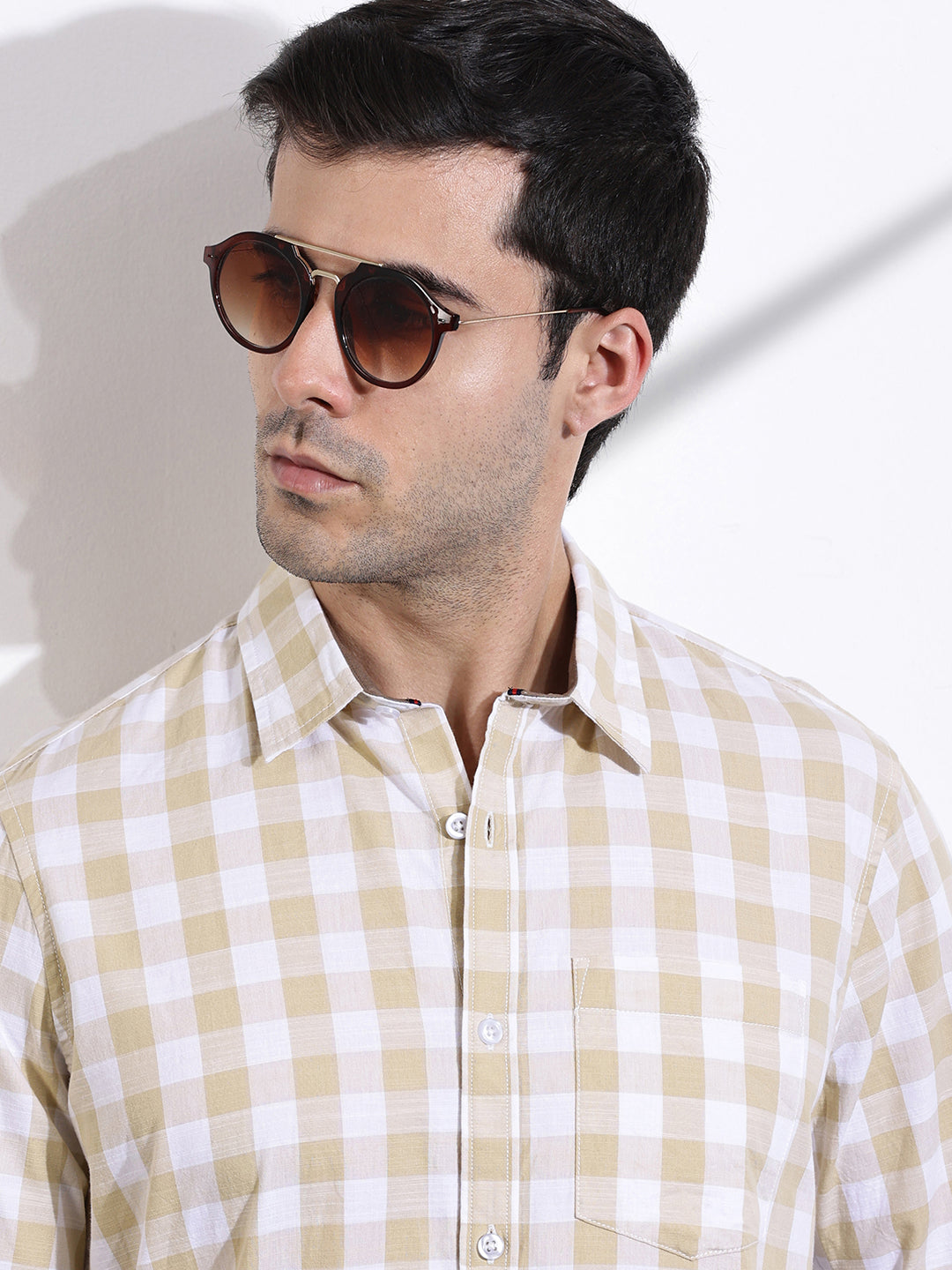 Thomas Scott Men Beige Slim Fit Long Sleeves Tartan Checks Casual Shirt