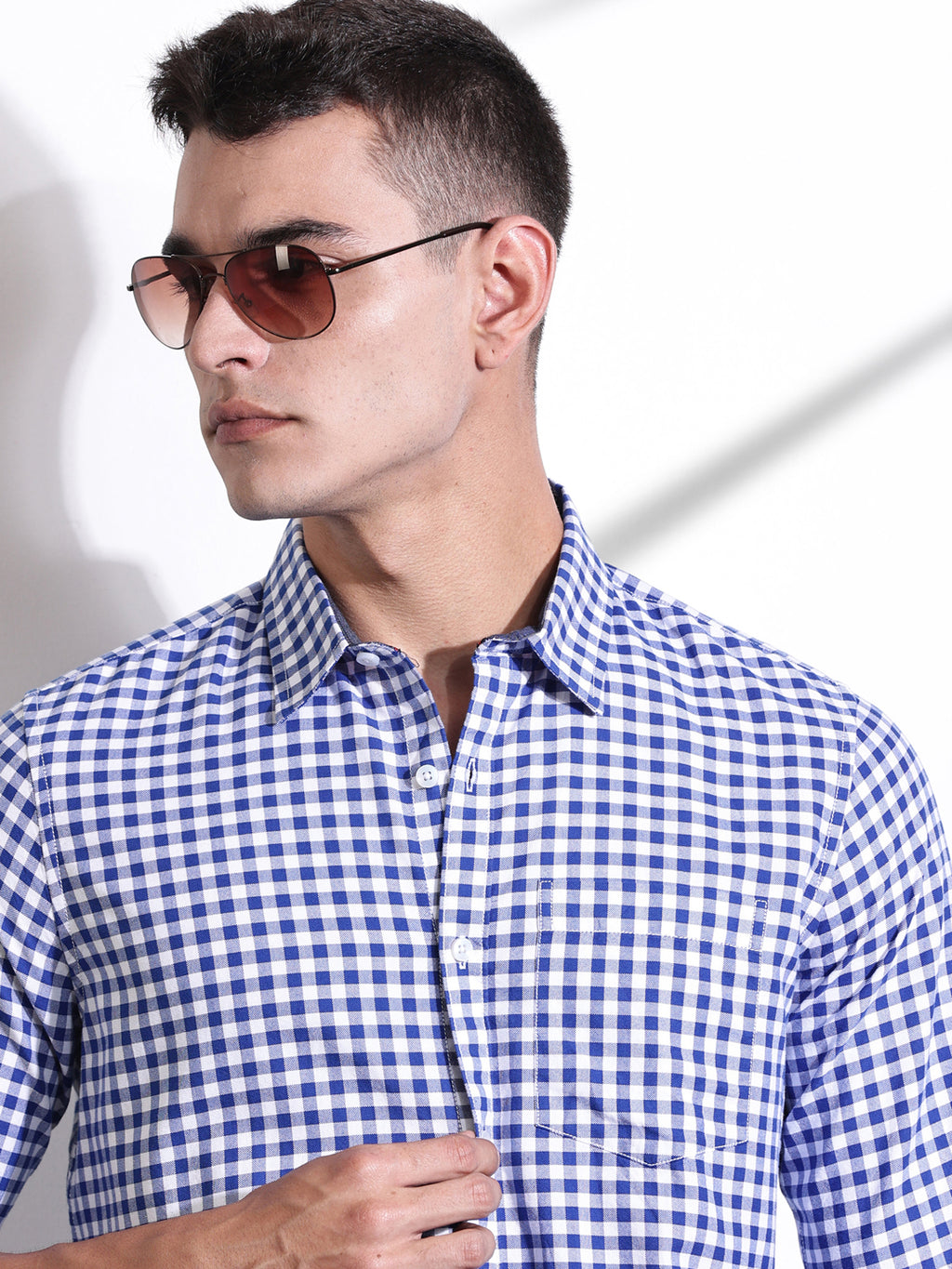 Thomas Scott Men RoyalBlue Slim Fit Long Sleeves Gingham Checks Woven Casual Shirt