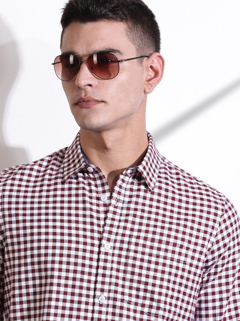 Thomas Scott Men Maroon Slim Fit Long Sleeves Gingham Checks Cotton Woven Casual Shirt