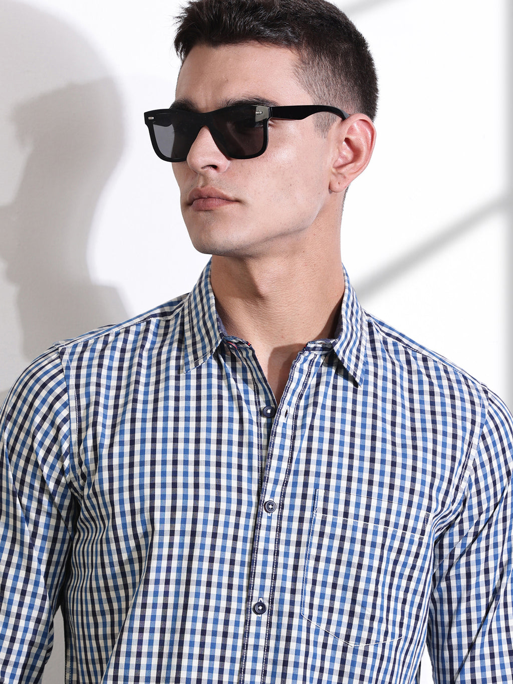 Thomas Scott Men Navy Slim Fit Long Sleeves Gingham Checks Woven Casual Shirt