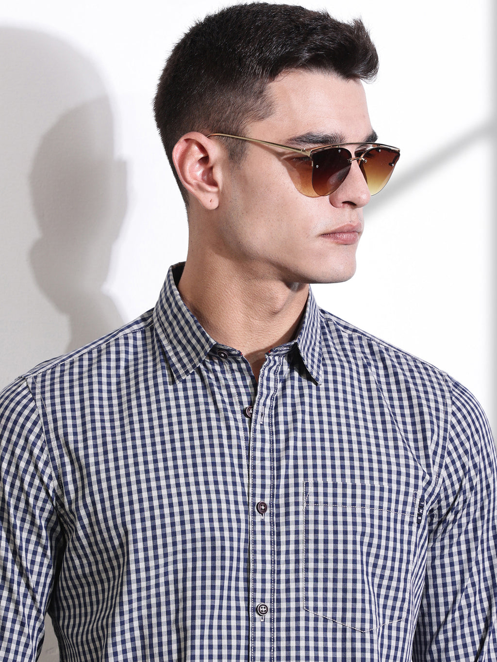 Thomas Scott Men Navy Slim Fit Long Sleeves Gingham Checks Woven Casual Shirt