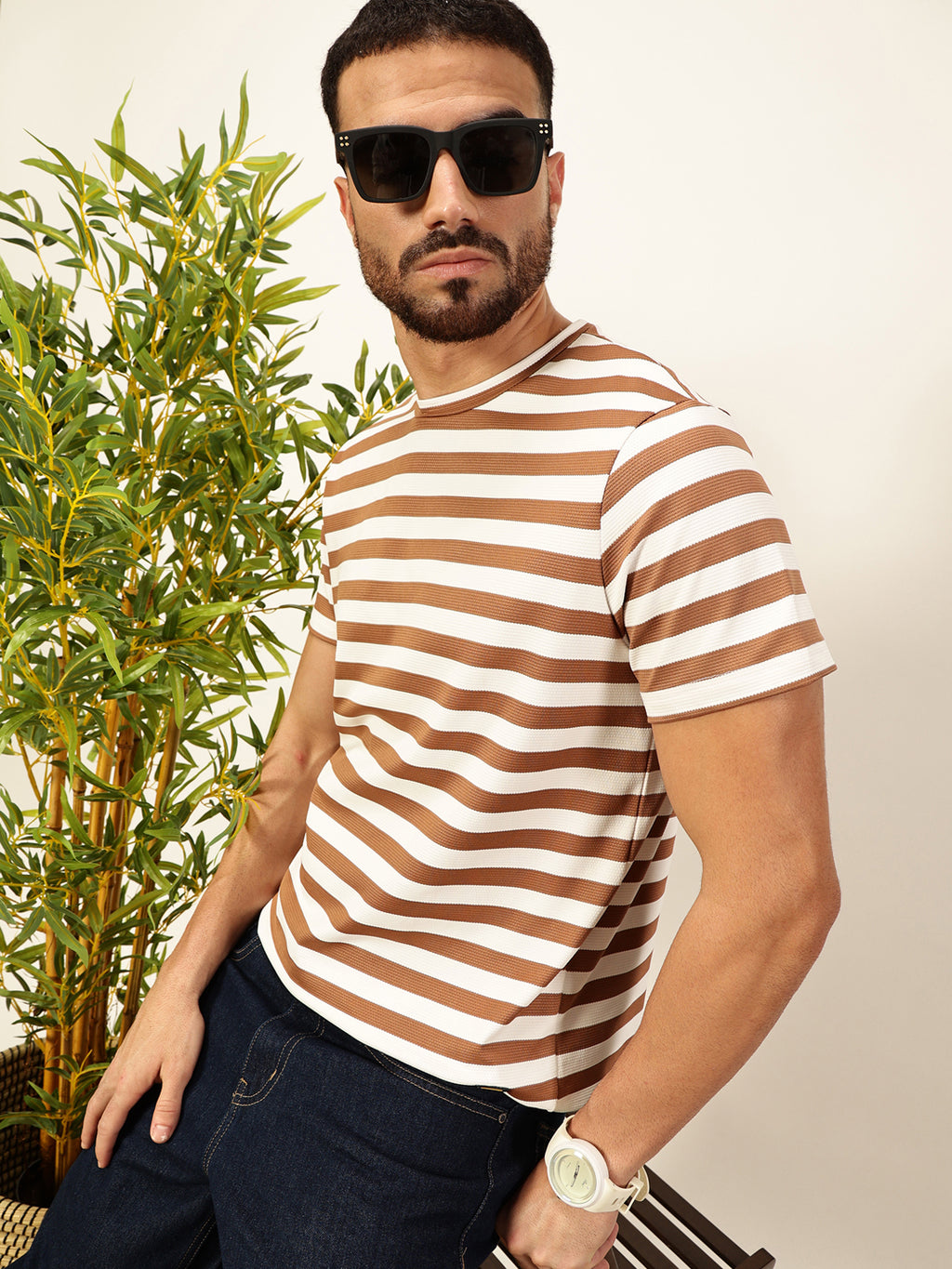 Thomas Scott Men Brown Regular Fit Short Sleeves Round Neck Knitted T-shirt