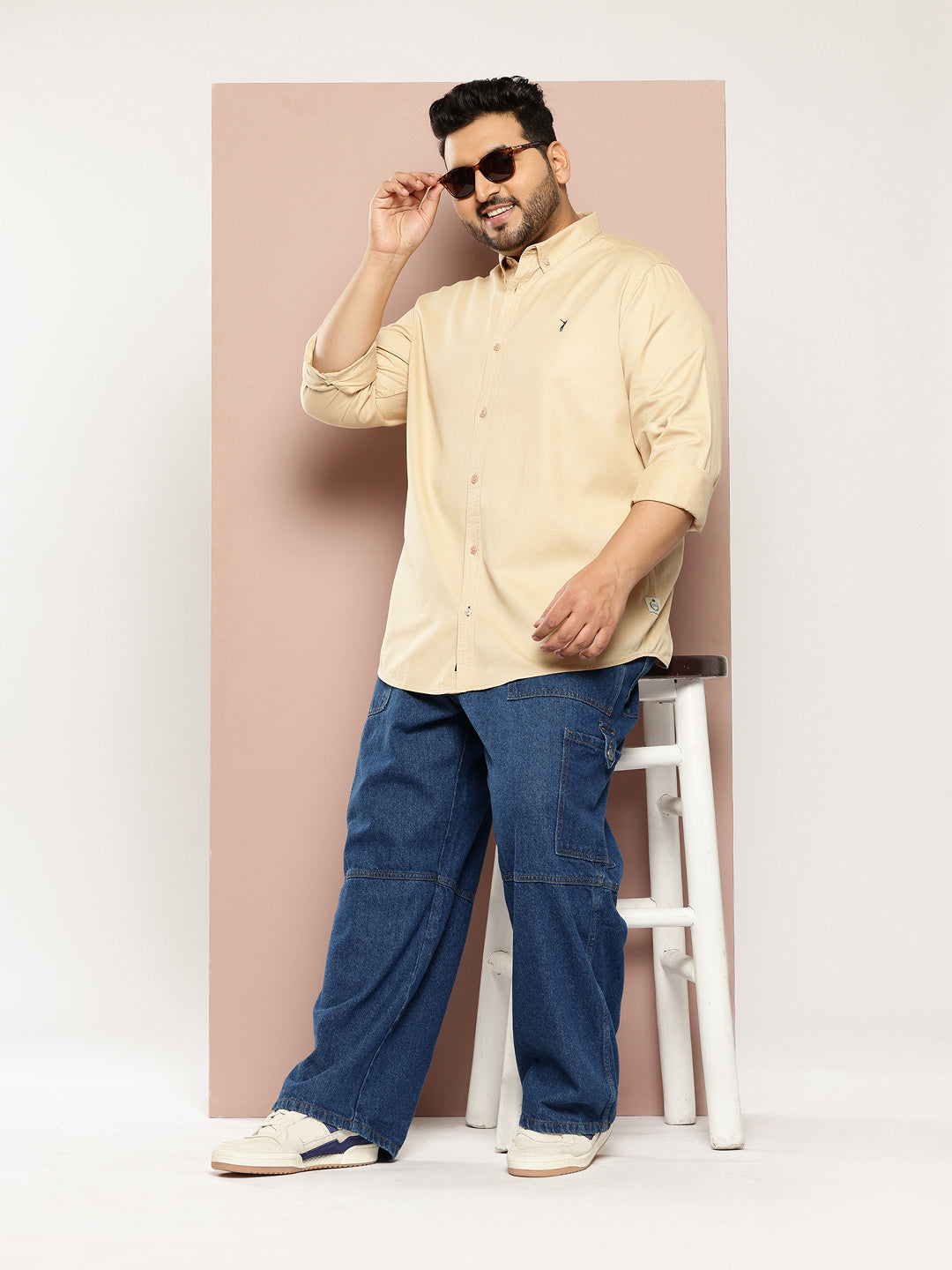 Thomas Scott Men Beige Plus Size Regular Fit Long Sleeves Button-Down Collar Twill Shirt