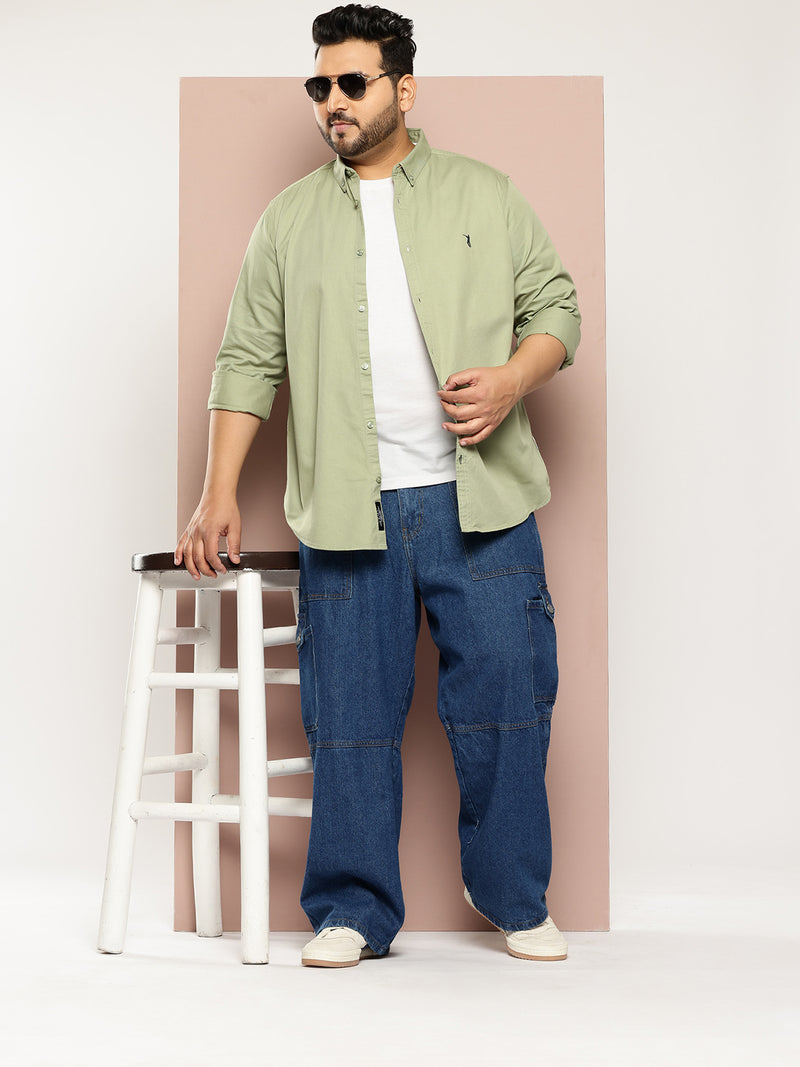 Thomas Scott Men Green Plus Size Regular Fit Long Sleeves Button-Down Collar Twill Shirt