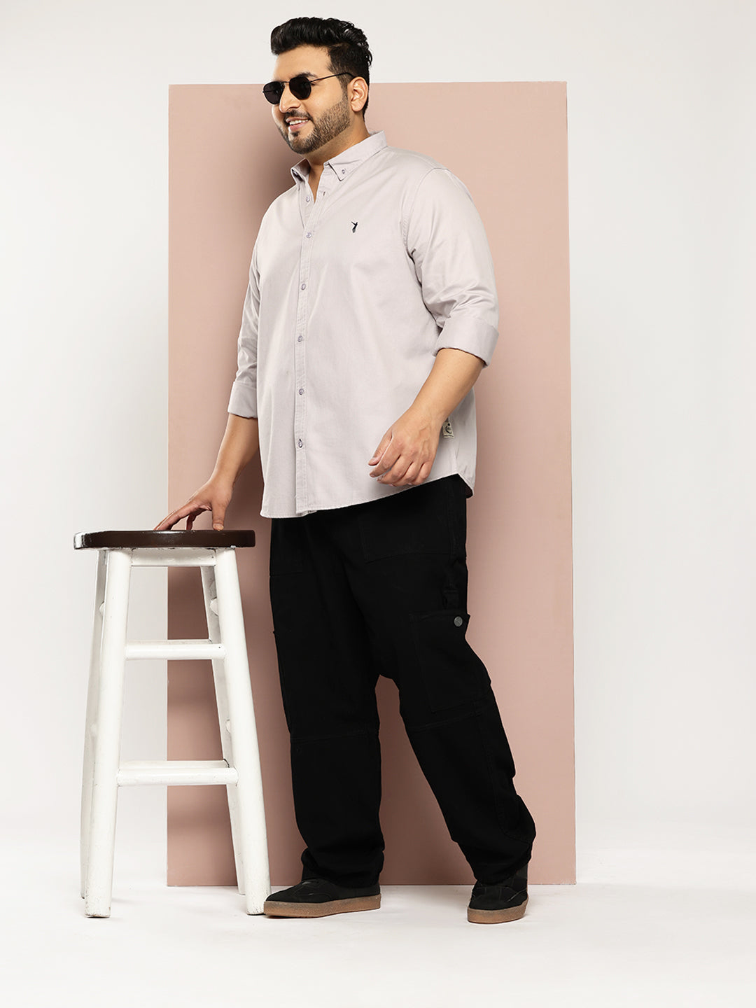 Thomas Scott Men Grey Plus Size Regular Fit Long Sleeves Button-Down Collar Twill Shirt