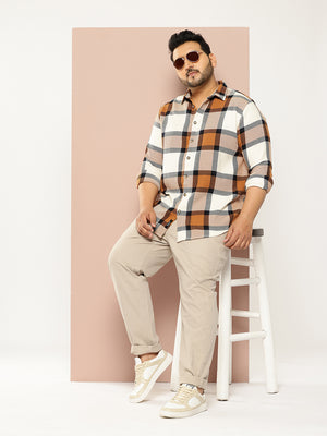 Cream Plus Size Regular Fit Windowpane Checks Woven Casual Shirt For Men