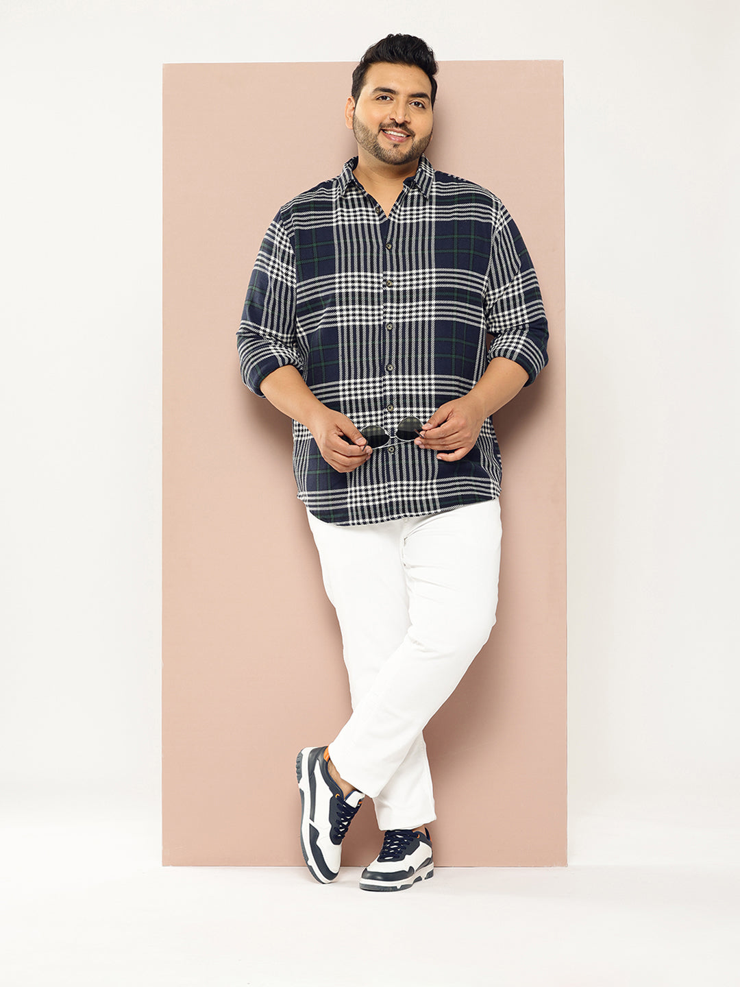 Thomas Scott Men NavyBlue Plus Size Regular Fit Tartan Checks Woven Shirt