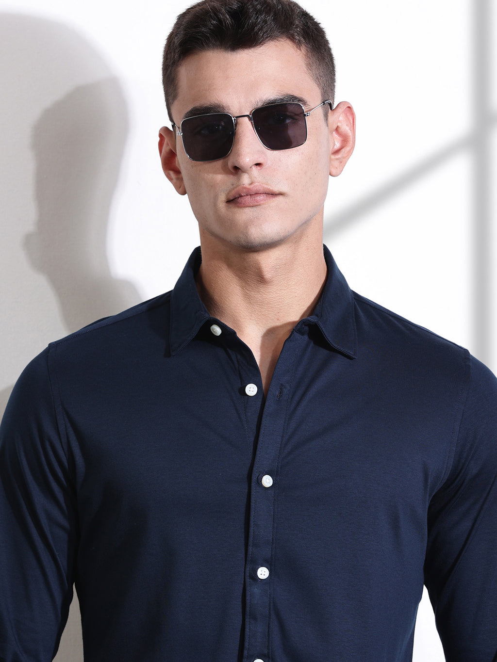 Thomas Scott Men Navy Blue Spread Collar Slim Fit Long Sleeves Solid Knitted Shirt