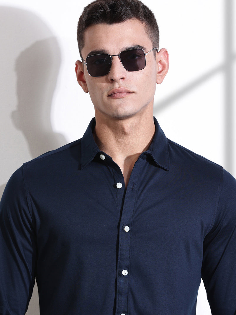 Thomas Scott Men Navy Blue Spread Collar Slim Fit Long Sleeves Solid Knitted Shirt