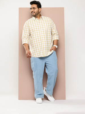 Thomas Scott Men Beige Plus Size Regular Fit Long Sleeves Tartan Checks Casual Shirt