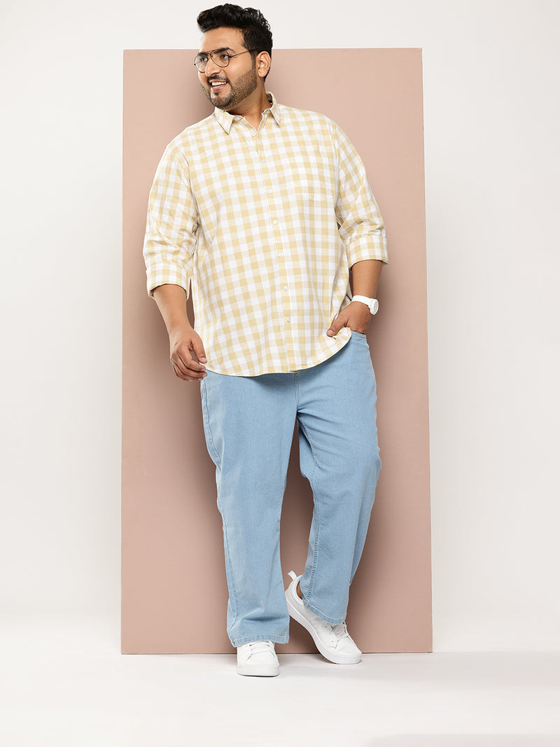 Thomas Scott Men Beige Plus Size Regular Fit Long Sleeves Tartan Checks Casual Shirt
