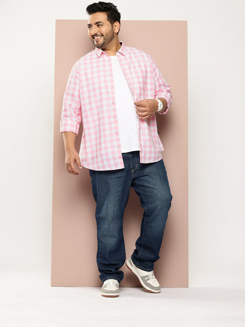 Thomas Scott Men Pink Plus Size Regular Fit Long Sleeves Tartan Checks Casual Shirt