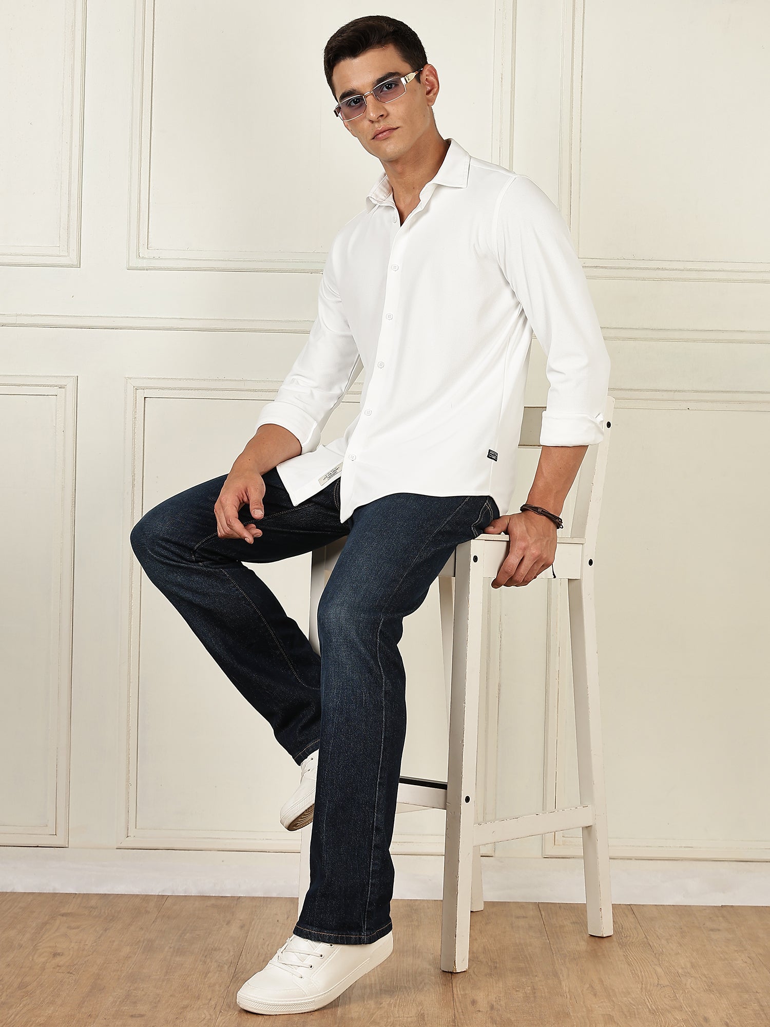 Thomas Scott Men White Premium Slim Fit Long Sleeves 4 Way Stretch CoolMax Knitted Casual Shirt