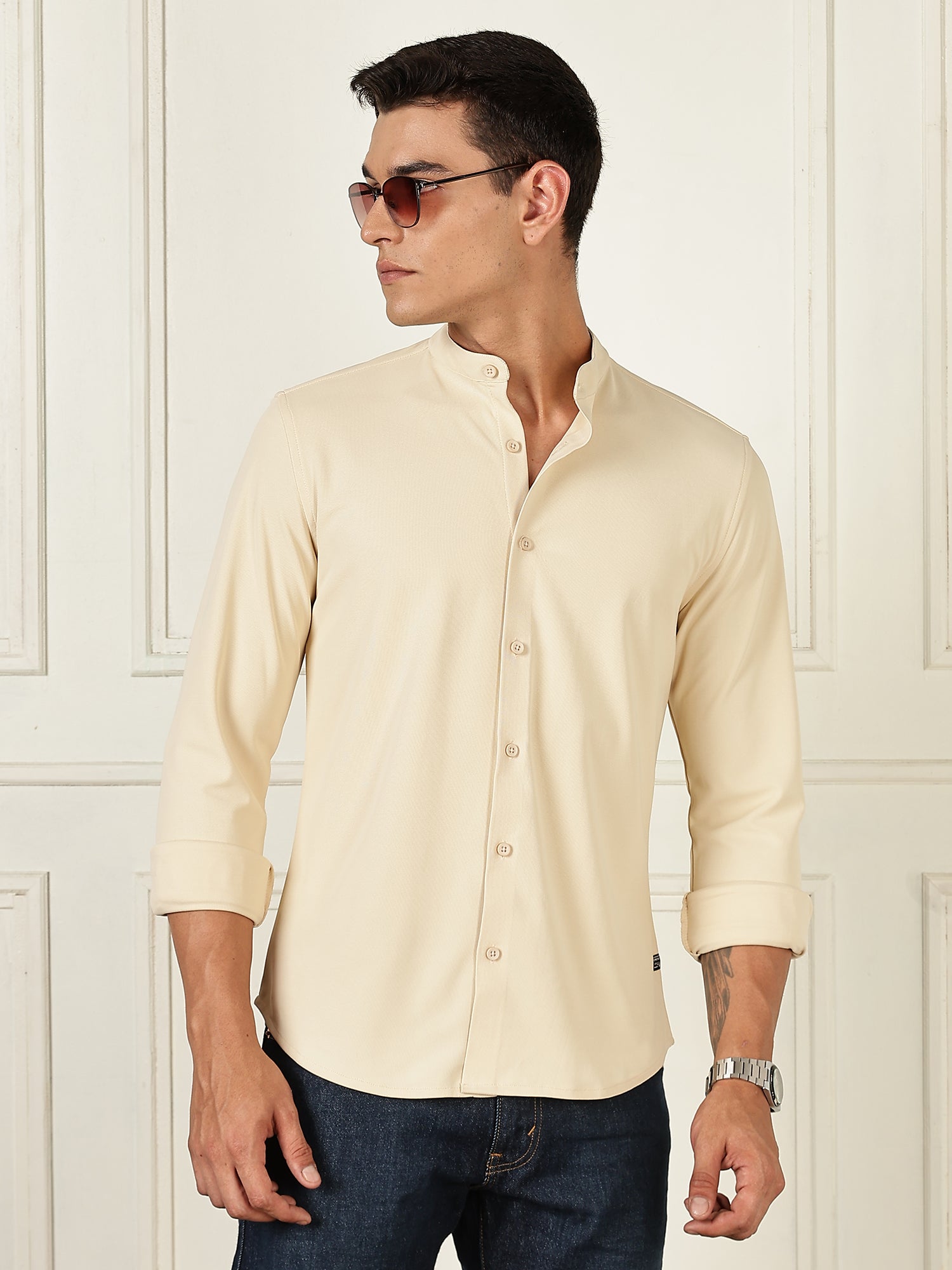 Thomas Scott Men Beige Premium Slim Fit Long Sleeves Mandarin Collar 4 Way Stretch CoolMax Knitted Shirt