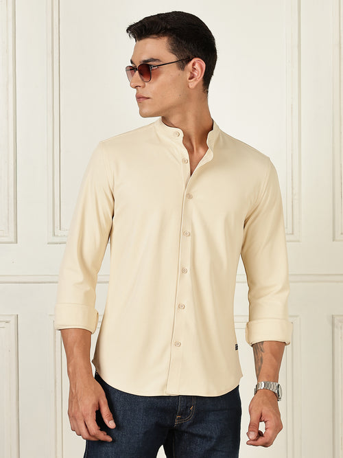 Thomas Scott Men Beige Premium Slim Fit Long Sleeves Mandarin Collar 4 Way Stretch CoolMax Knitted Shirt