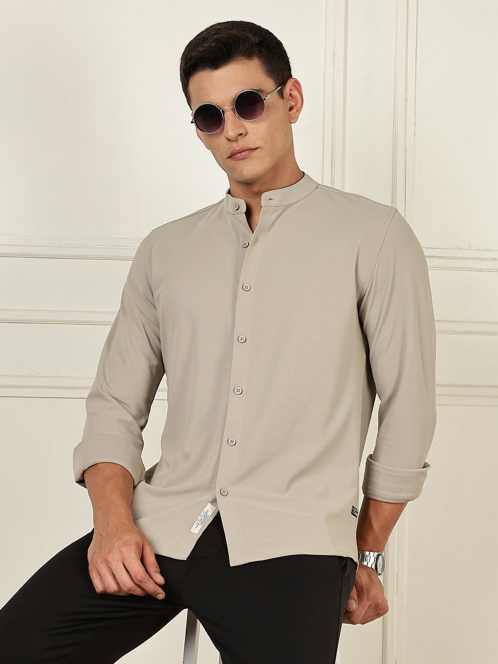 Thomas Scott Men Grey Premium Slim Fit Long Sleeves Mandarin Collar 4 Way Stretch CoolMax Knitted Shirt