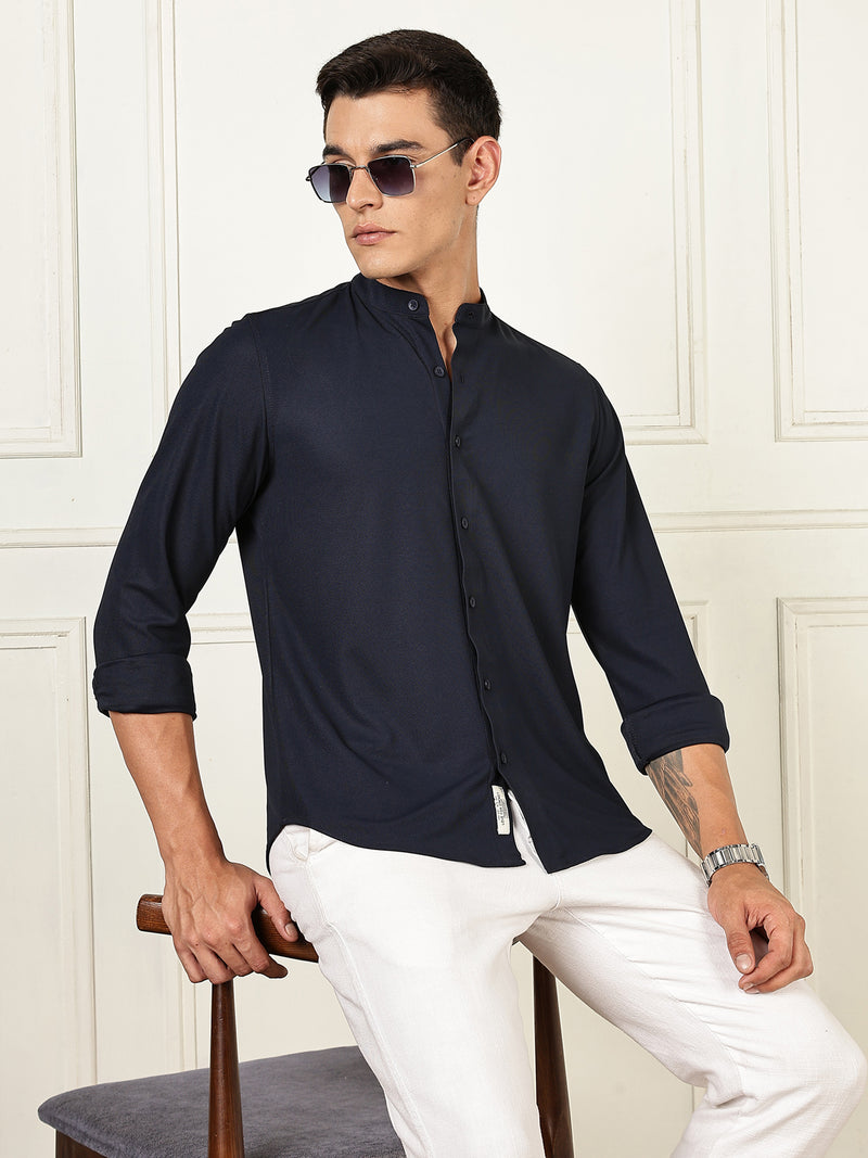 Thomas Scott Men Navy Premium Slim Fit Long Sleeves Mandarin Collar 4 Way Stretch CoolMax Knitted Shirt