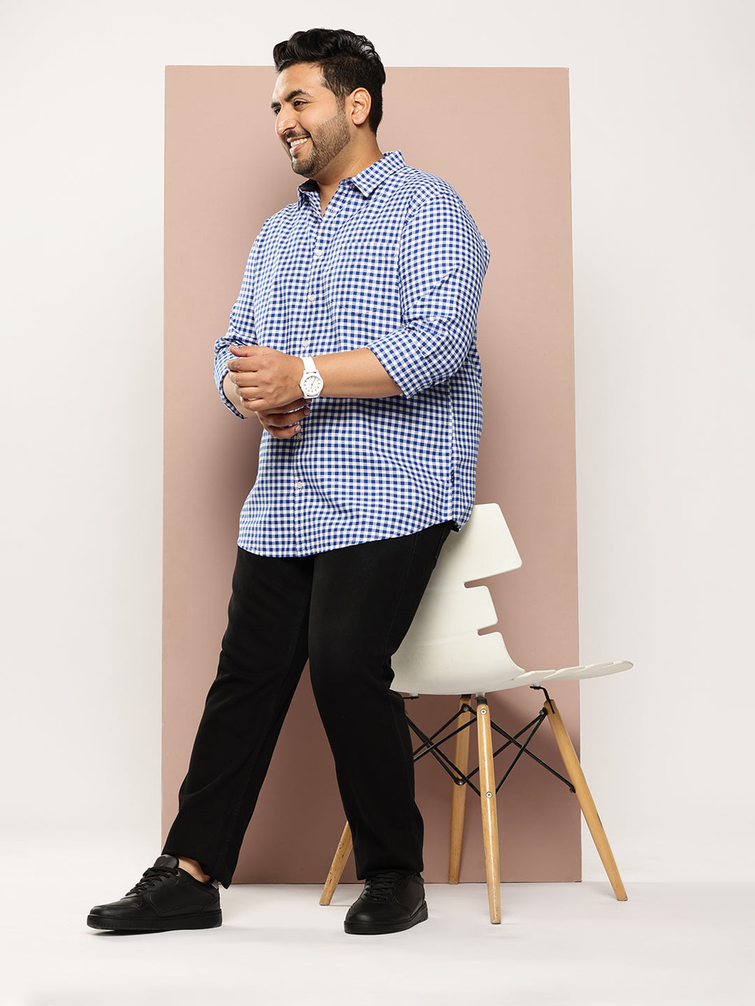 Thomas Scott Men RoyalBlue Plus Size Regular Fit Long Sleeves Gingham Checks Woven Casual Shirt