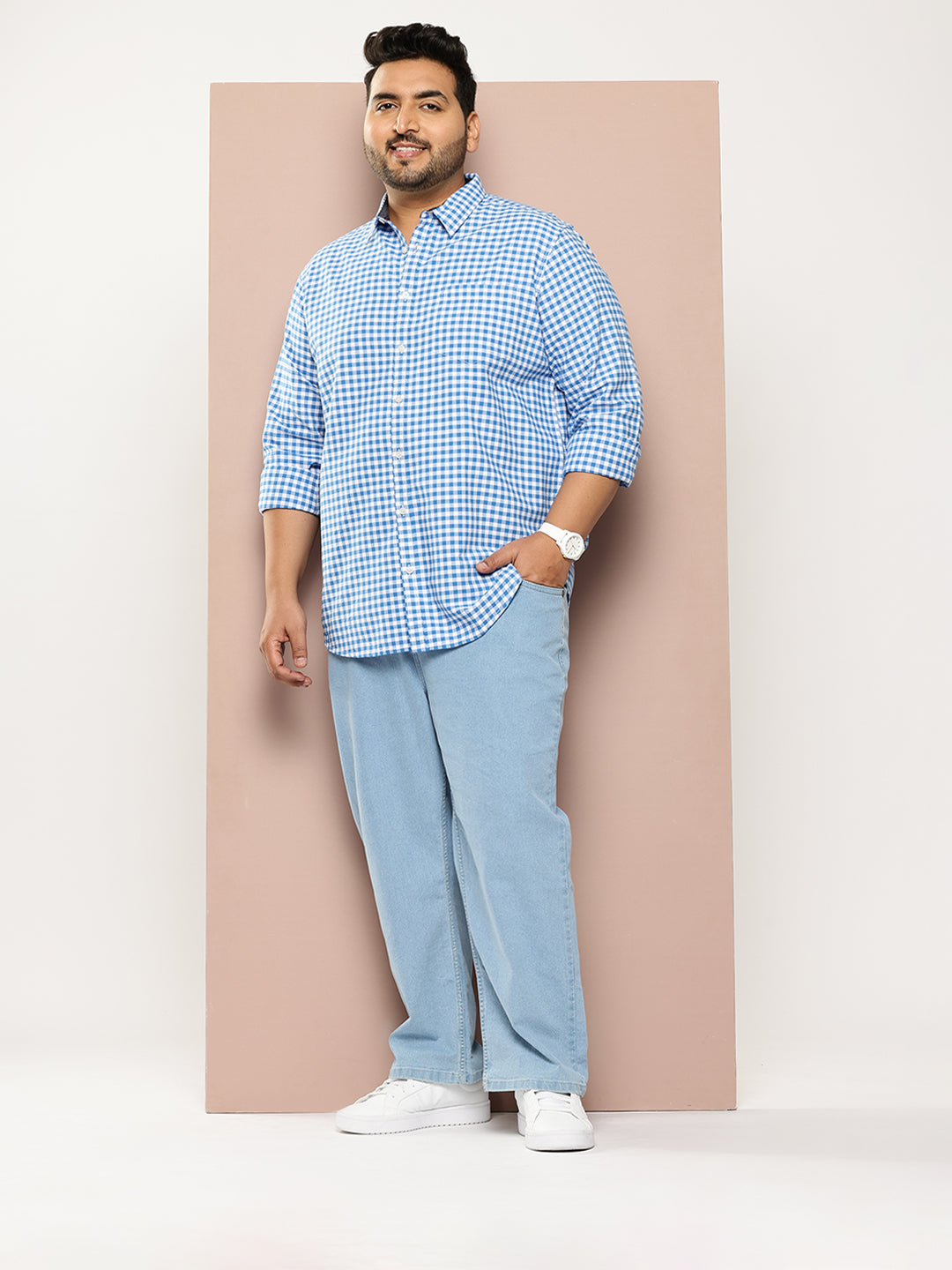Thomas Scott Men Blue Plus Size Regular Fit Long Sleeves Gingham Checks Woven Casual Shirt