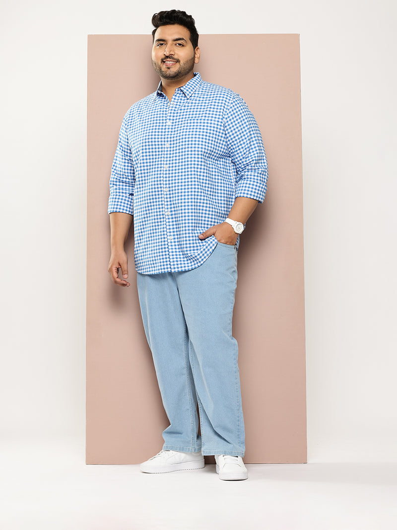 Thomas Scott Men Blue Plus Size Regular Fit Long Sleeves Gingham Checks Woven Casual Shirt