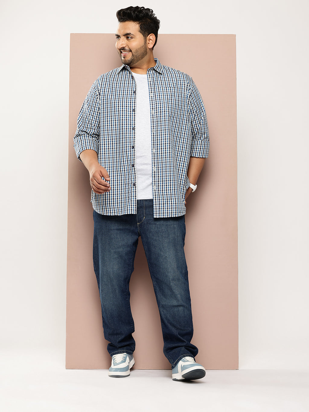 Thomas Scott Men Navy Plus Size Regular Fit Long Sleeves Gingham Checks Woven Casual Shirt