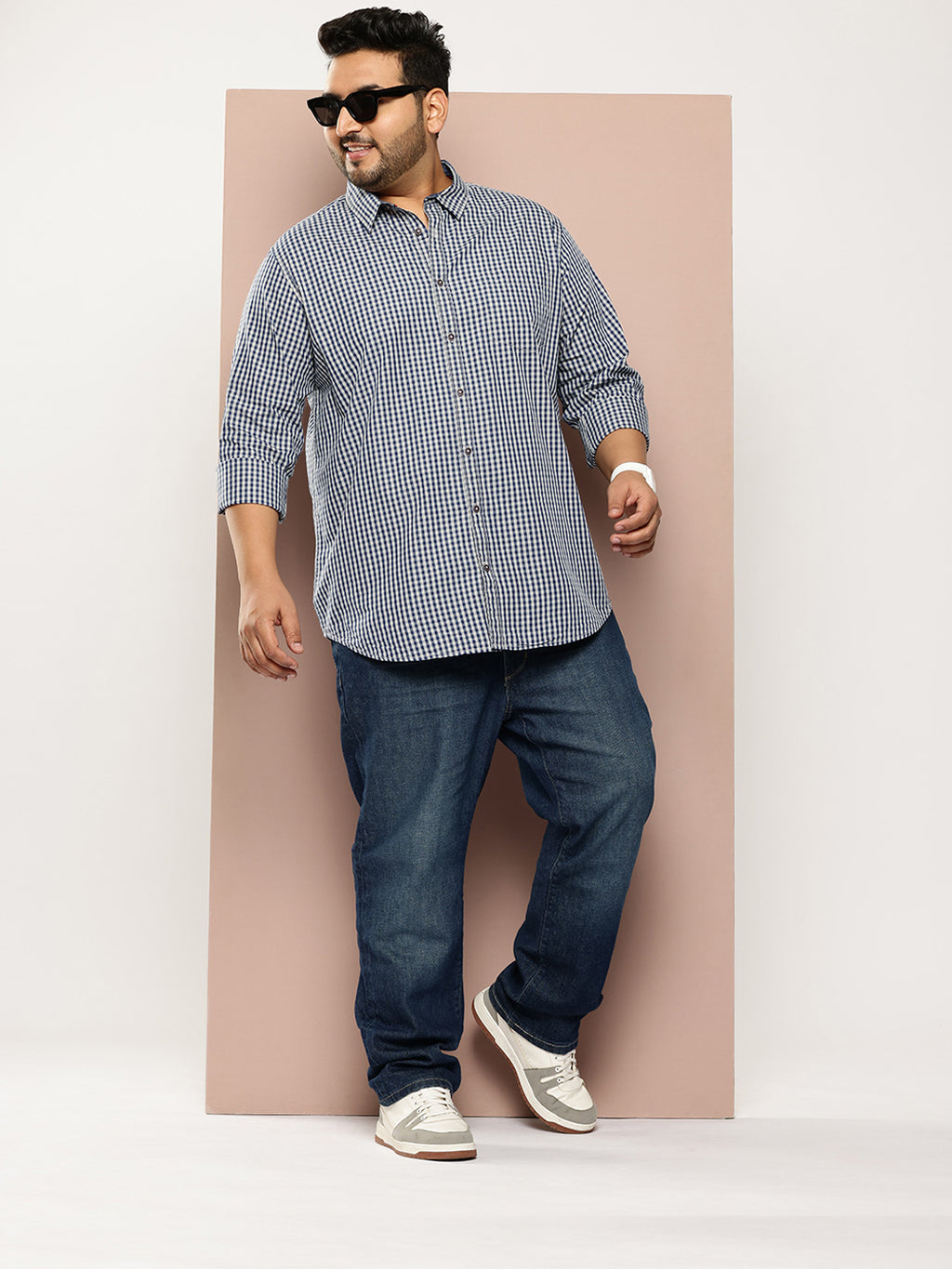 Thomas Scott Men Navy Plus Size Regular Fit Long Sleeves Gingham Checks Woven Casual Shirt