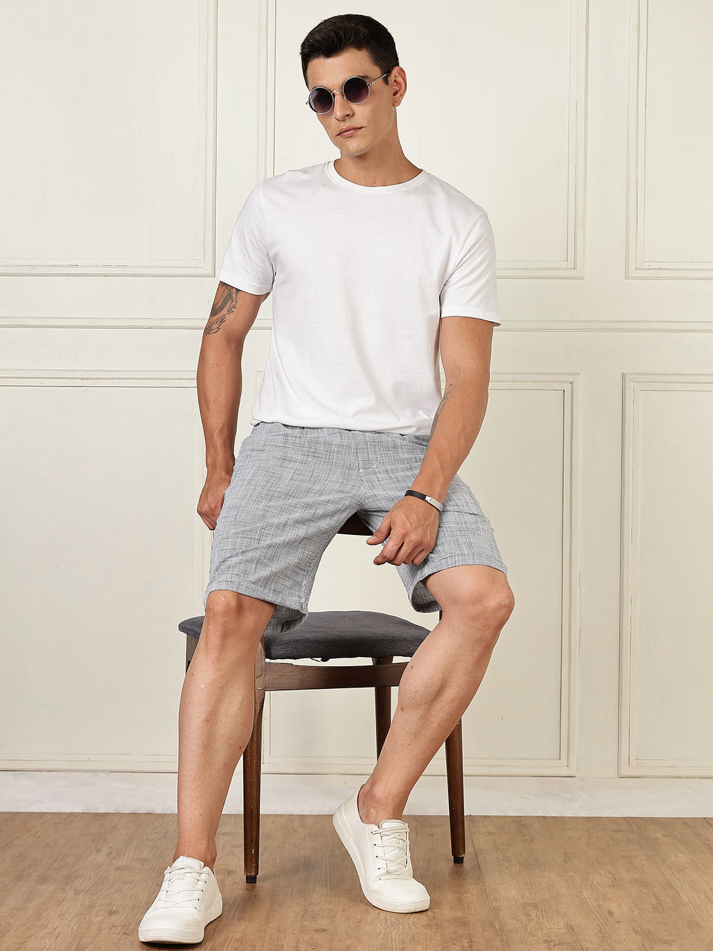 Thomas Scott Men Navy Mid-Rise Straight Fit Micro Checks Woven Linen Shorts