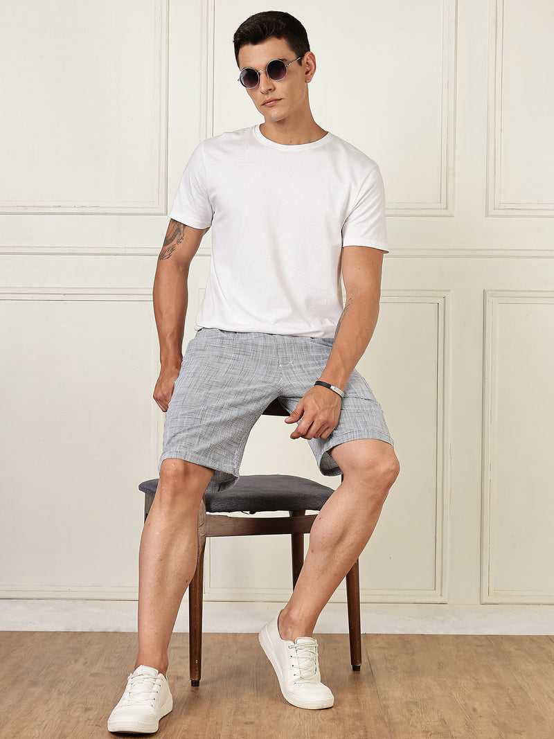 Thomas Scott Men Navy Mid-Rise Straight Fit Micro Checks Woven Linen Shorts