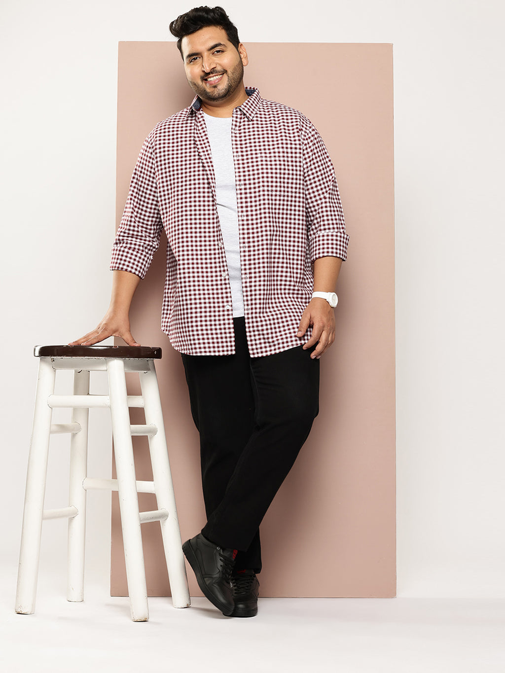 Thomas Scott Men Maroon Plus Size Regular Fit Long Sleeves Gingham Checks Woven Shirt