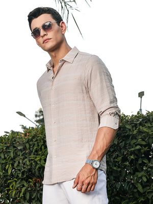 Thomas Scott Men Beige Slim Fit Long Sleeves Horizontal Stripes Casual Shirt