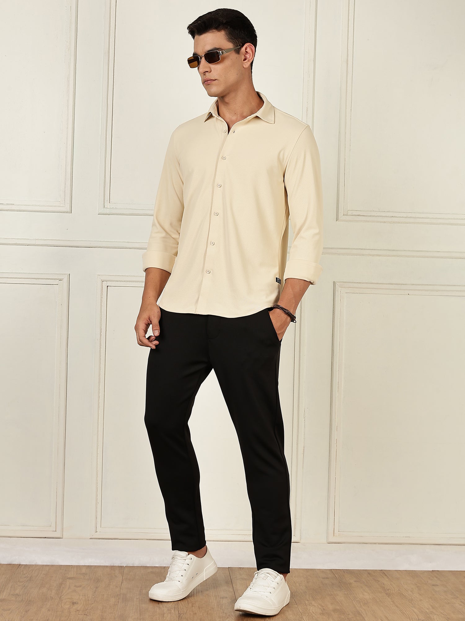 Thomas Scott Men Beige Premium Slim Fit Long Sleeves 4 Way Stretch CoolMax Knitted Casual Shirt