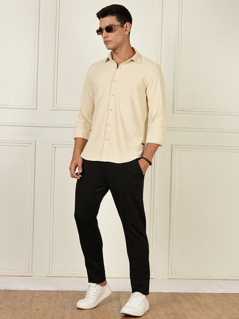 Thomas Scott Men Beige Premium Slim Fit Long Sleeves 4 Way Stretch CoolMax Knitted Casual Shirt