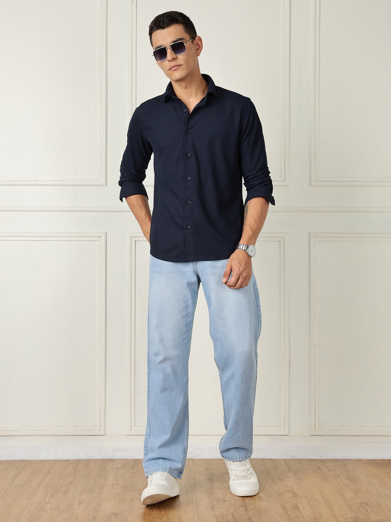 Thomas Scott Men Navy Premium Slim Fit Long Sleeves 4 Way Stretch CoolMax Knitted Casual Shirt