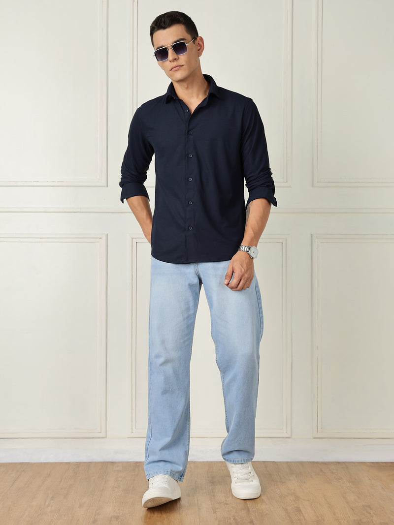 Thomas Scott Men Navy Premium Slim Fit Long Sleeves 4 Way Stretch CoolMax Knitted Casual Shirt