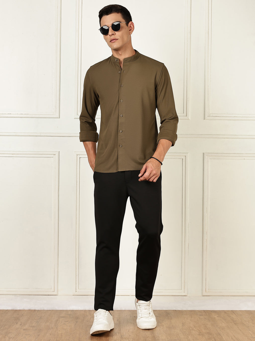 Thomas Scott Men Olive Premium Slim Fit Long Sleeves Mandarin Collar 4 Way Stretch CoolMax Knitted Shirt