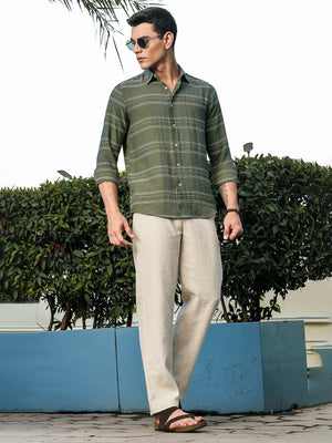 Thomas Scott Men Olive Slim Fit Long Sleeves Horizontal Stripes Casual Shirt