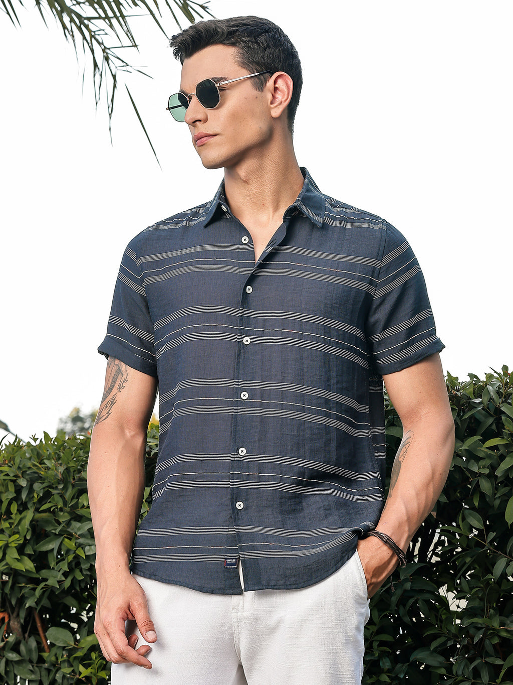 Thomas Scott Men Peacock Slim Fit Short Sleeves Horizontal Stripes Woven Casual Shirt