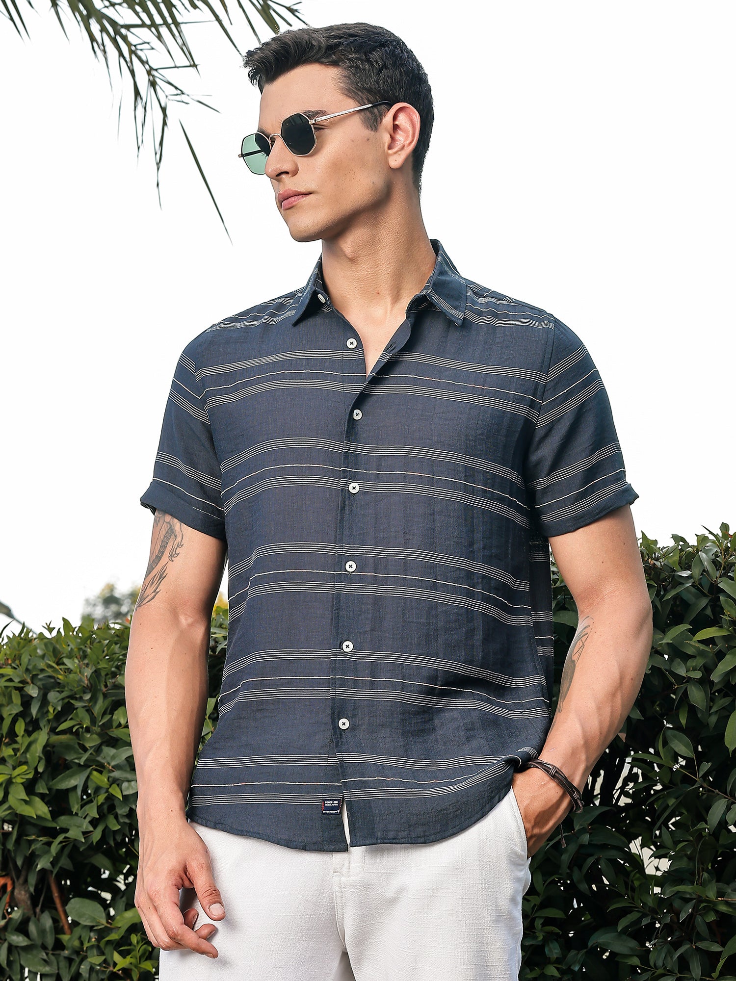 Thomas Scott Men Peacock Slim Fit Short Sleeves Horizontal Stripes Woven Casual Shirt