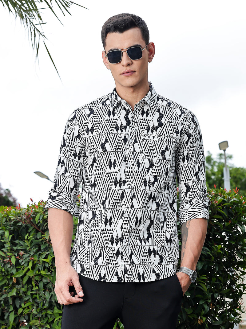 Thomas Scott Men Black Regular Fit Long Sleeves Geometric Print Pure Cotton Casual Shirt